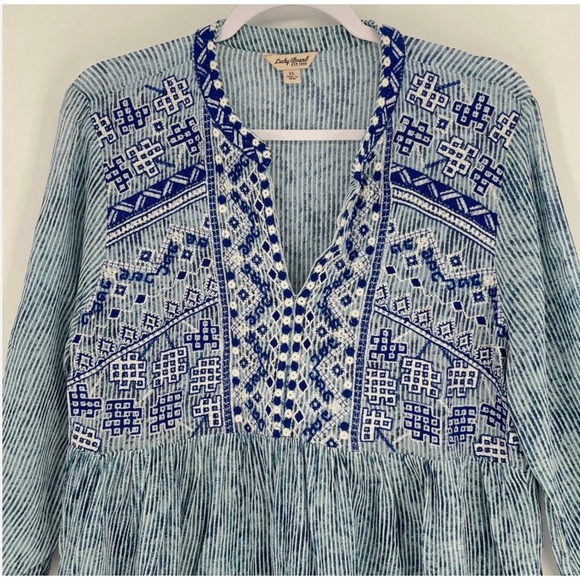 Lucky Brand Blue Embroidered Babydoll Top Boho Peasant Tunic XL - Picture 3 of 8